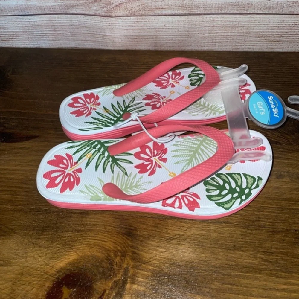 Sun & Sky floral thong sandal/flip flops Hawaiian floral pink green Medium 11-12